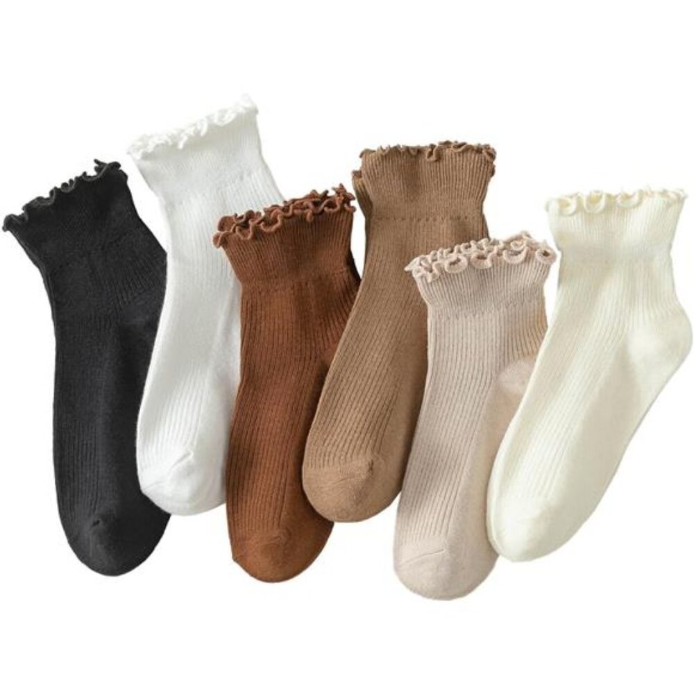 6 Pairs Womens Ruffle Ankle Socks Cotton Cute Frilly Turn Cuff Soft Breathable S